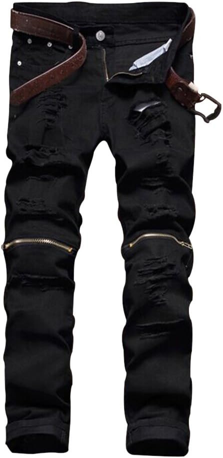 Men’s Slim Fit Pencil Pants Vintage Zipper Denim Distressed Stretch Ripped Jeans (28, Black)