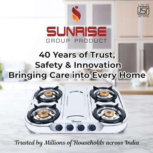 Image of GOLDEN SURYA Premium Stainless Steel | 4 Brass Burner | ISI Certified | 1 Year Warranty | Manual Ignition | PNG 4 Burner Gas Stove - Magma