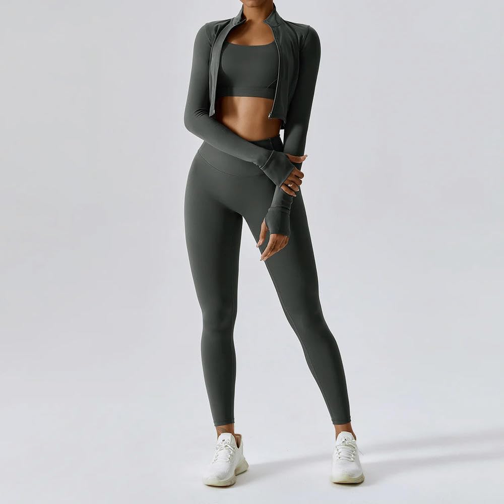NYSDM 3PCS Yoga Set Donne Allenamento Set Abbigliamento Sportivo Palestra Abbigliamento Fitness Cerniera Manica Lunga Vita Alta Leggings Tute Sportive