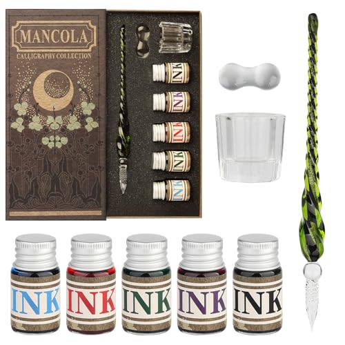 Mancola Glass Dipped Crystal Calligraphy Pen Set with 5 Colorful India Ink 1 Pen Holder 1 Cleaning Cup Ink Drip Tool Signatures Drawing Decoration Kits for Beginners