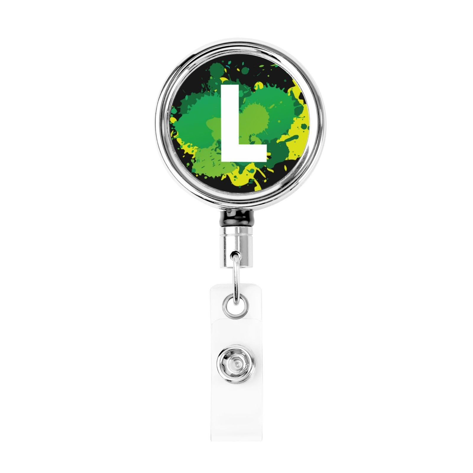 Initial Retractable Badge Holder, Colorful Badge Key Chain with Belt Clip, Metal ID Card Holder with Badge Reel for Nurse, Volunteer, Teacher, Student, Office, Splatter Letter L