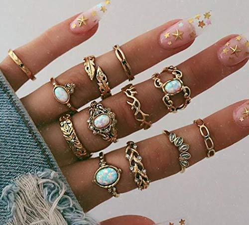 Conifor Boho Rhinestone Joint Knuckle Ring Gold Gem Mid Finger Rings Set for Women and Girls (12Pcs)