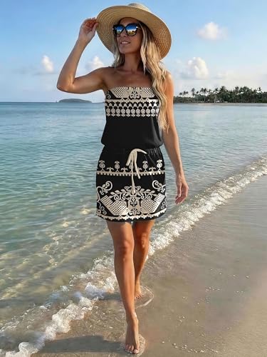 Image of Summer Dress for Women Strapless Beach Cover Ups Boho Sundress Mini Dress Drawstring Waist with Pockets