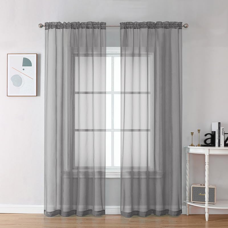 Image of Charcoal Grey Sheer Curtains 78 Inches Long 2 Panels - Soft Light Filtering Window Sheer Panels for Living Room /Bedroom, Top Dual Rod Pocket, 1 Pair, Each 42Wx78L Inches