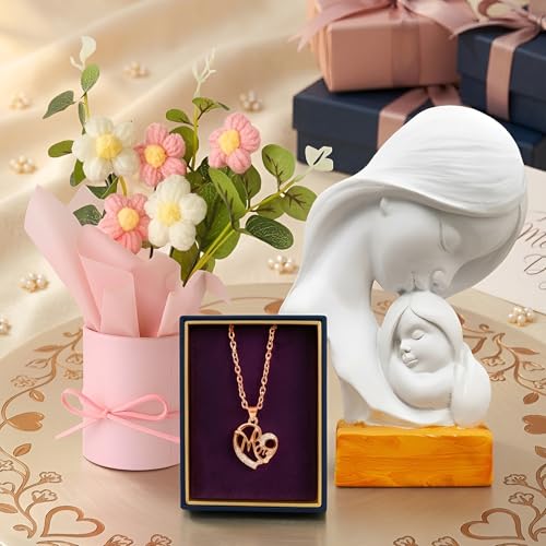 Image of TIED RIBBONS Gift for Mom, Birthday Gift for Mom Mother in Law - (Artificial Crochet Flower Bouquet, Gold Pendant & Mother with Child Statue Love Showpiece) - from Daughter Son