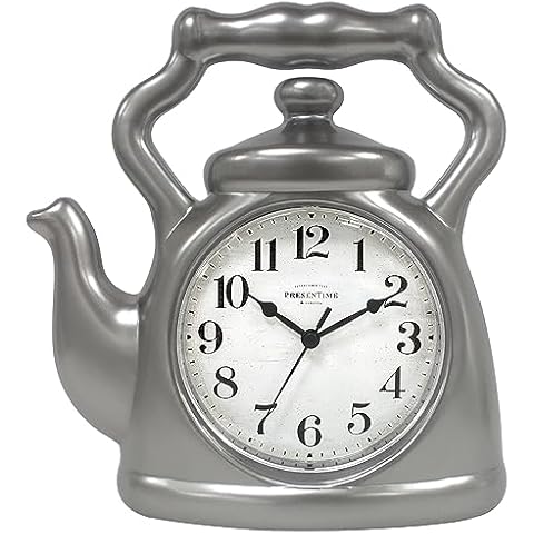 Presentime & Co. 11" Teapot Clock, Silent Non Ticking, Modern Farmhouse Style, Wall & Mantel 2 in 1 Clock, Desk & Shelf Clock, Steel Silver Finish (Wall Deocration/Home Decoration/Tabletop Décor) Cover