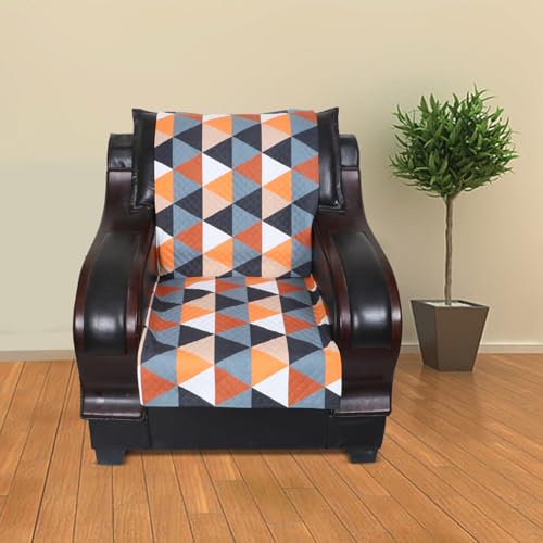Image of 5 Seater Sofa Cover | Universal Non-Slip Fully Covered Protector for 3+1+1 Sofa Set | Durable Slipcover for Living Room Modern Geometric (Orange-Black Harmony)