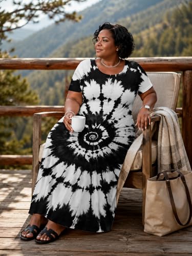 Image of SUZONANA Plus Size Maxi Dress for Curvy Women Summer Casual Sundress Short Sleeve Loose Vacation Dress