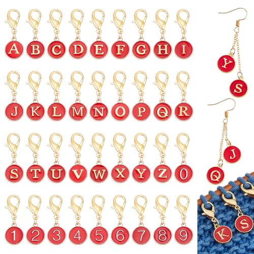 NBEADS 36 Pcs Number Stitch Markers, Red 36 Styles Including A-Z Letter Crochet Markers 0-9 Number Locking Stitch Marker Enamel Stitch Needle Clip for Knitting Weaving Sewing Accessories