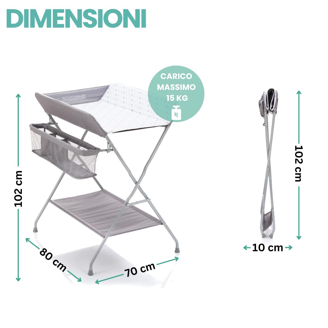 Fillikid Fasciatoio Portatile Pieghevole, con Organizer Fasciatoio Per Neonati Integrato - Fasciatoio da Viaggio Salvaspazio e Stabile - Grigio Bianco