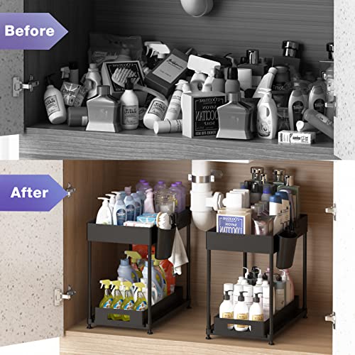 Under Sink Organizer Under Bathroom Cabinet Storage 2 Tier Storage Rack With 4 Hooks, Under Cabinet Organizer Baskets, Multi-Purpose Under Sink Shelf Organizer For Bathroom Kitchen #TOP3
