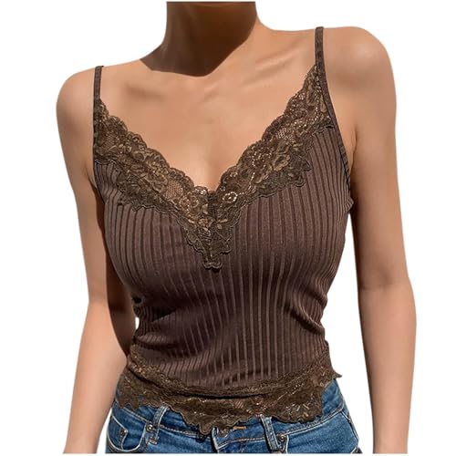 ZTFYKLIN Chaleco Mujer Camiseta Sin Mangas De Encaje Sexy Para Mujer, Blusa Elegante Con Encaje, Tirantes Finos, Tops Cortos, Blusas Adolescentes Y Niñas (Coffee, L) Blusones Corset Hombre
