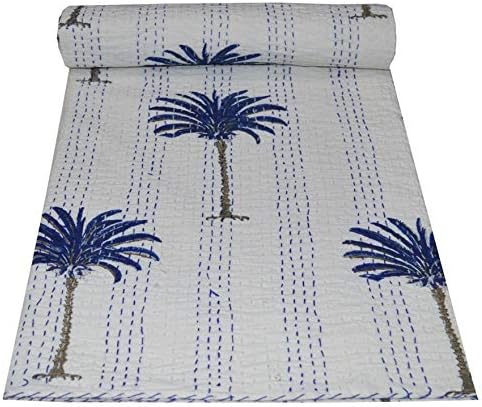 Palm Tree Handblock Print Queen Size Kantha Quilt Blanket Bed Cover Kantha Bedspread Bohemian Bedding Size, 90x60