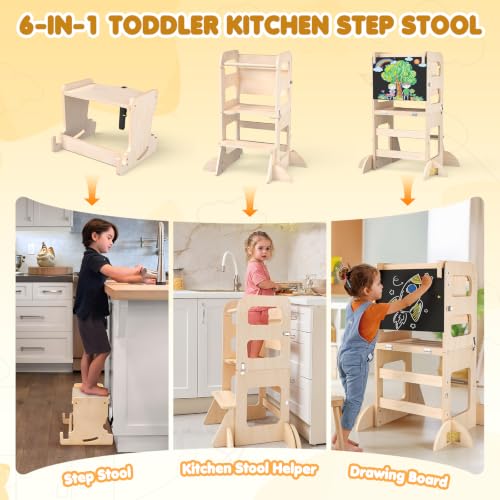 Image of Toddler Standing Tower Anti-Tip Wooden Kitchen Step Stool，Wood