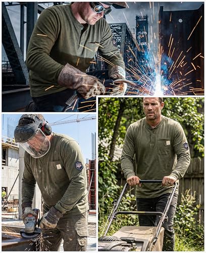Image of BOCOMAL FR Shirts Flame Resistant Shirt 5.5oz 100% Cotton Light Weight CAT2 Fire Retardant Henley Shirts