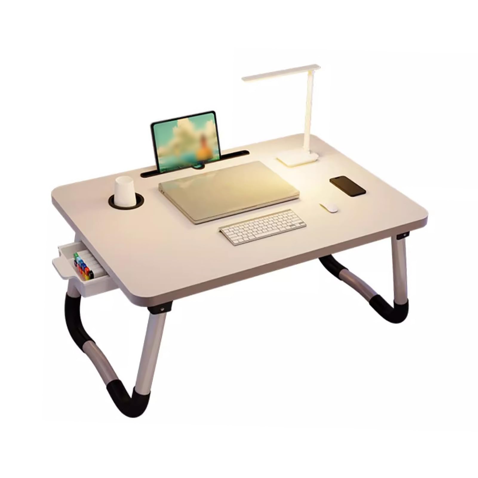 Rengue Tavolo Pieghevole da Letto per Laptop con Portabicchieri Cassetto, Nessun Montaggio Necessario per Divano, Pavimento, Lettura, Scrittura, Mangiare
