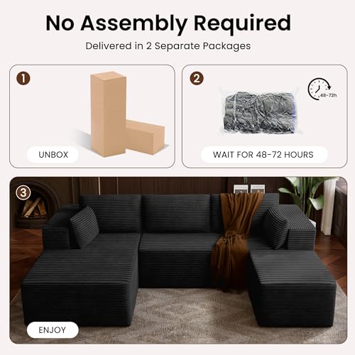 Image of 106 inch Cloud Sectional Boneless Couches for Living Room, Modular U Shaped Couch with Deep Seat, Removable Ottoman, Memory Foam Compressed Spineless 4 Seater Sofa for Bedroom Apartment, Black