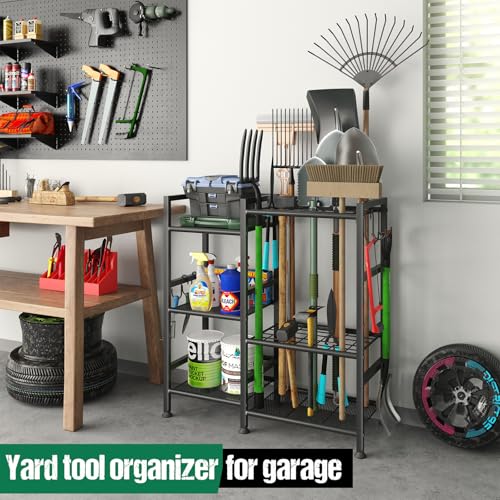 keomaisyto Garden Tool Organizer for Garage Organization, 3 Tier Yard Tool Storage Rack with 35 Long-Handled Tool Slots, Heavy Duty Garden Tool Holder with Large Hooks for Shed, Yard, Garage - Image 3
