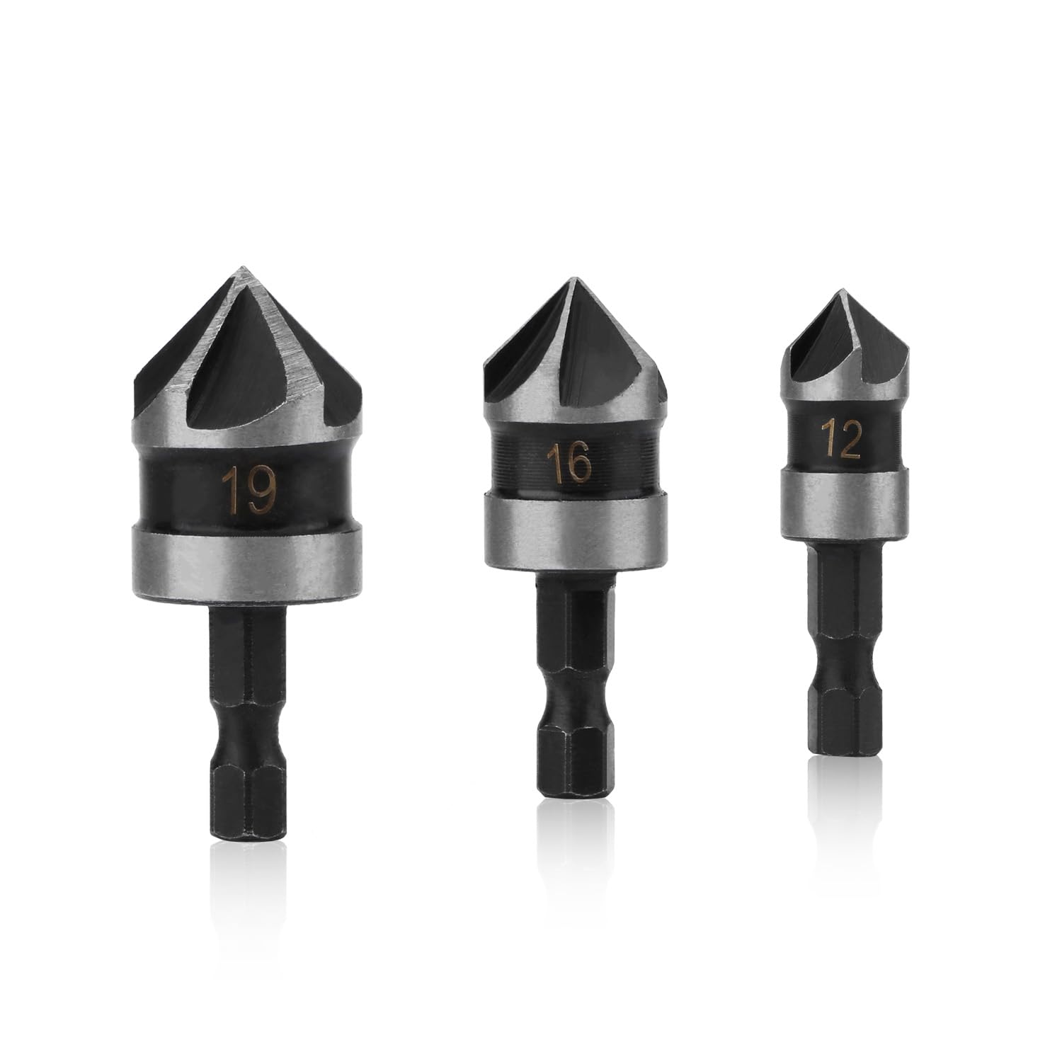 Countersink Drill Bit Set 3Pcs 1/4 Inch 12/16/19mm Hex Shank 5 Flute 90 Degree Chamfering Countersink Bore Sets for Wood Metal Quick Change Bits