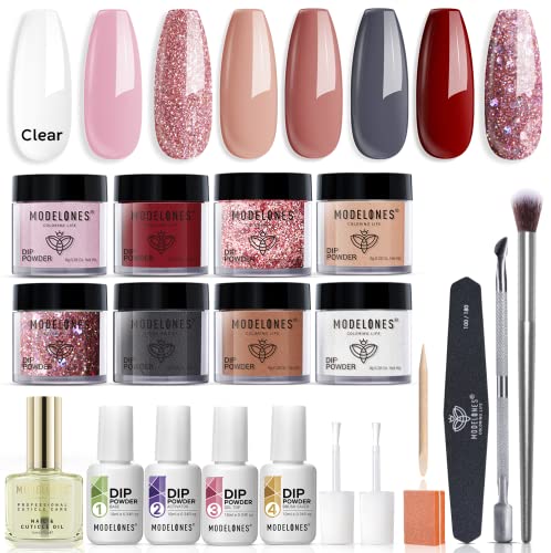 Modelones 20 Pcs Dip Powder Nail Kit Starter, 8 Colors Nude Pink Glitter Neutral Nail Dip Powder Kit System Essential Liquid Set with Base/Top Coat Activator Brush Saver for French Nail Art DIY Salon
