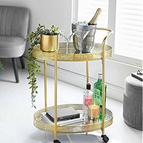 E2B 2 Tier Gold Mirror Shelves Vintage Style Metal Kitchen Serving Deco Trolley with Drinks Wine Rack Side End Table Cover