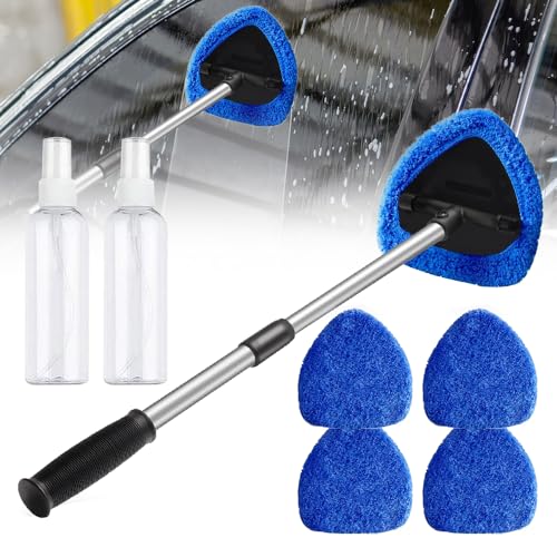 Microfiber Car Windshield Cleaning Tool, 180 Degree Rotatable Inside Windshield Cleaning Set, 6pcs Set with 4 Reusable Pads 2 Spray Bottles,Interior Exterior Window Cleaner Tool for Car (B6PCS)