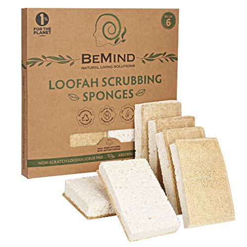 BeMind Loofah Dish Sponge Set of 6 Natural Sponges for Dishes|1% for the Planet Biodegradable Sponges|Eco friendly Sponges for Dishes in Your Zero Waste Kitchen|Compostable Sponges|No Odor Eco Sponges