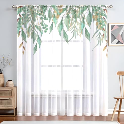 Mateju Cortinas Salon Modernas 1 Pieza, Patrón de Flor 3D, Cortinas Dormitorio, Visillos Salon, para Comedor/Cocina (Hojas Verdes,132x45cm)