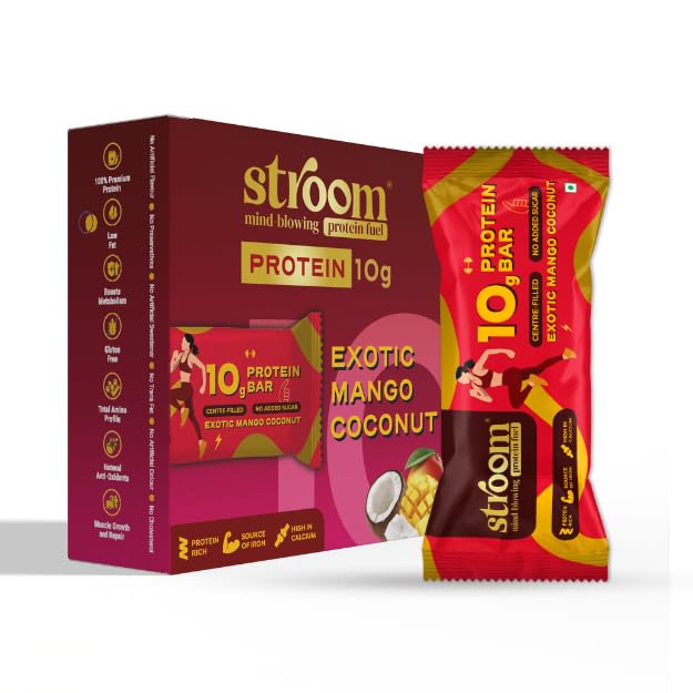 Image of STROOM Asia's First Centre Filled Protein Bars | 10g Protein (6 Bars, 45 Grams Each) | Exotic Mango Coconut | Protein Bars Muscle Growth & Repair | Fibre Rich | No Added Sugar