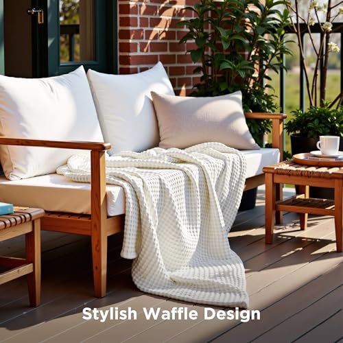 Image of Bedsure Cooling Cotton Waffle Weave Throw Blanket - Lightweight Breathable Blanket of Rayon Derived from Bamboo for Hot Sleepers, Luxury Throws for Bed, Couch and Sofa, Ivory, 50x70 Inches