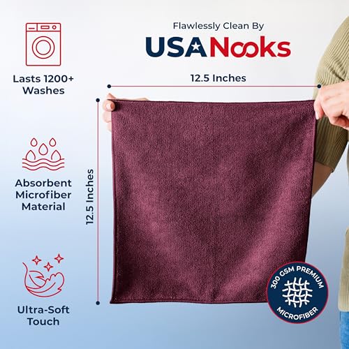 Image of USANOOKS Premium 300GSM Microfiber Cleaning Cloth - 12.5 inchx12.5 inch High Performance - 1200 Washes, Ultra Absorbent Microfiber Towels for Cars Undercarriage, Rims & Engine Bay Cleaning - Microfiber Cloth
