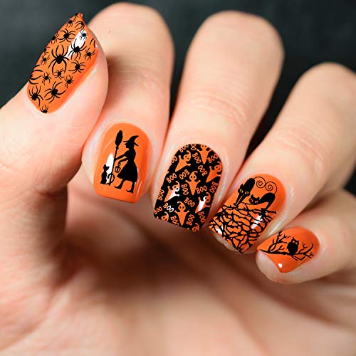 4 Pieces Halloween Nail Art Stamping Plates With Spider Webs Pumpkins Bats Witches Image Stamp Templates Kit Diy Stainless Steel Nail Image Polish Template Kit Manicure Stencils Tools #TOP6