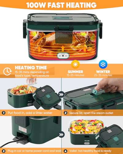 Image of Electric Lunch Box Food Heater 100W, Food Warmer with Dual Container 1.8L Portable Heated Lunch Box for Car Truck Work Stainless Steel Fork & Spoon 12 /24 /110V for Adults Lonchera Electrica