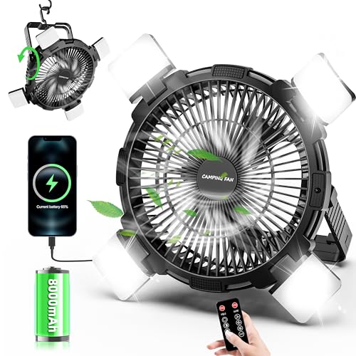 Camping Fan with LED Lantern, 8000mAh Rechargeable Battery Operated Portable Fan, Portable Tent Fan with Hanging Hook & Remote,4 Speeds,Timer,Outdoor USB Fan for Tent Picnic,Barbecue,Fishing,Travel