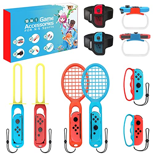 MROOYI 【10 en 1】 Pack d'Accessoires pour Switch Sport Jeux Compatible avec Nintendo Switch/OLED, Kit Accessoire avec Raquette de Tennis, Sangle de Jambe de Foot, Bracelet, Poignée, Sword de Jeu