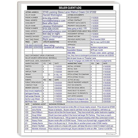 Real Estate Agent Supplies - Home Seller Client Log to include in Listing File Folders. Realtor Log to Track Seller Needs, Home Showings & Agent Activity. 50 Page Notepad. 8.5 X 11. Made in the USA. Cover
