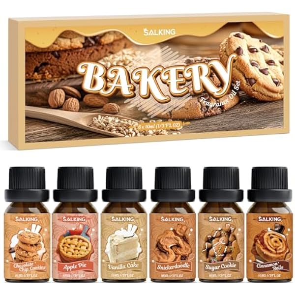 SALKING Zestaw olejków eterycznych do pieczenia, aromaterapii, zestaw prezentowy, olejki zapachowe do dyfuzora, 6 x 10 ml czekoladowe ciasteczka, jabłecznik, bułeczki cynamonowe, ciasto waniliowe