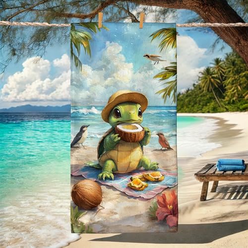 Cute Turtle Beach Towel Cartoon Animal Coconut Design Soft Microfiber Extra Large Sand Free Quick Dry Lightweight Bath Towel for Summer Vacation Pool Camping Outdoors Essentials 62x31 Inch