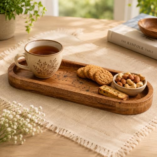 Image of SAAGA Oval Mango Wood Serving Platter | 15 x 4.5 Inch Wooden Serving Tray | Food Safe Multipurpose Snack Tea Dessert Cheese Bread Serving Plate for Kitchen Dining Cafe & Restaurant