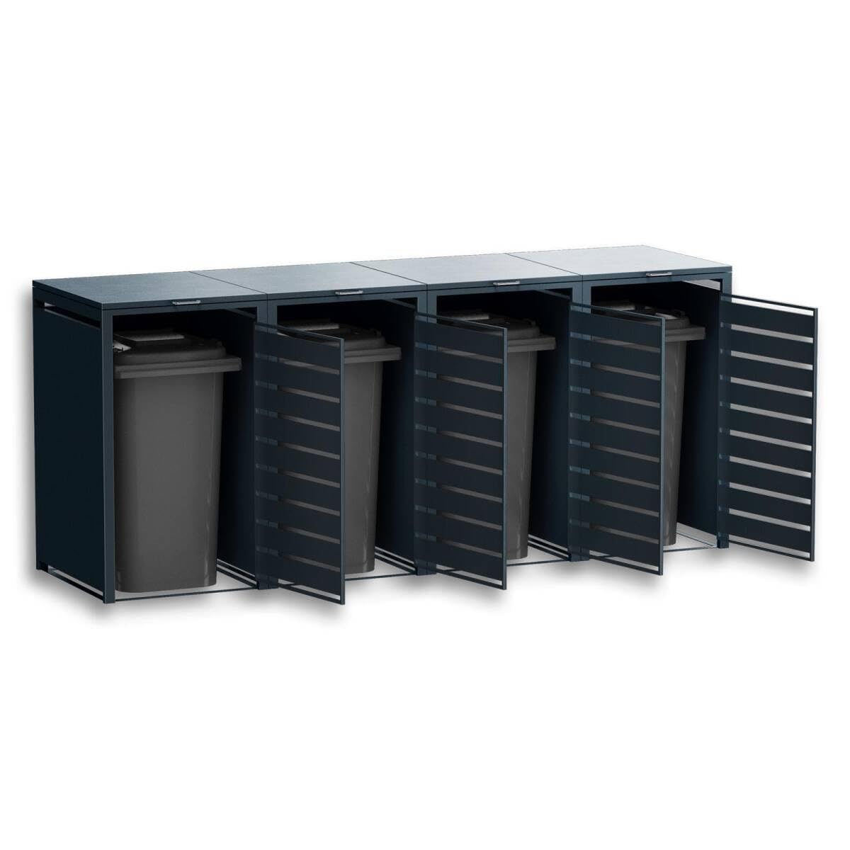 Metzler Mülltonnenbox in Anthrazit & Holzoptik 4er 240L, Mülltonnenverkleidung 4 Tonnen, witterungsbeständiger und pulverbeschichteter Stahl mit Automatikdeckel, Müllbox abschließbar
