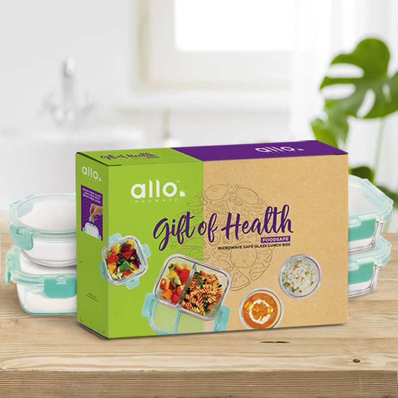 Allo Juego de regalo apto para alimentos, 5 piezas (2 separadores rectangulares de 580 ml, 2 cuadrados de 310 ml, 1 redondo de 390 ml) | Recipiente de vidrio apto para horno a 450 °C con cerraduras