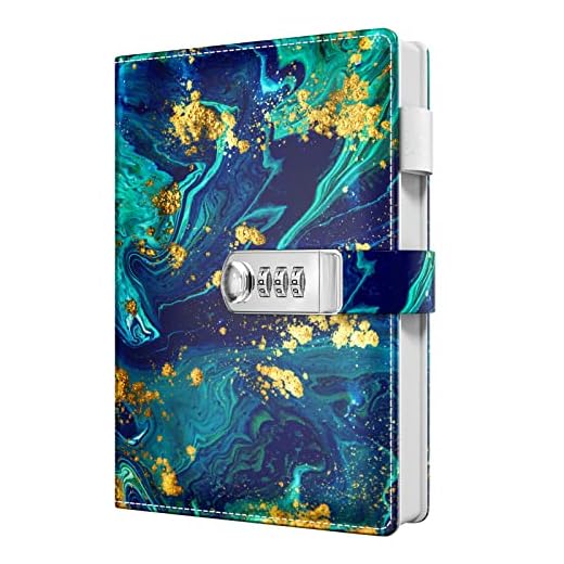 Huamxe Diary with Lock, Personal Locking Journal for Women girls, Leather Hardcover Notebook A5 5.9" x 8.7", 200 Pages Thick Paper, Cute Lined Journals for Writing Journaling Adults, Blue&Gold Marble