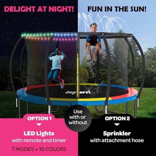 Image of JoyBerri Upsurge Trampoline Outdoor - ASTM Certified Safe 8Ft 10Ft 12Ft 14Ft 15Ft 16Ft Recreational Trampoline for Kids and Adults. Anti-Rust Coating with Enclosure Net, Ladder, Sprinkler & LED Lights