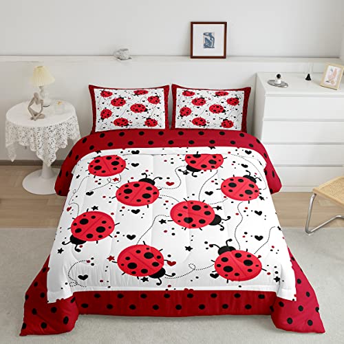 Red Ladybug Comforter Set Twin Size Cartoon Ladybugs Bedding Set for Kids Child,Cute Ladybird Reptile Duvet Insert Beetles Bugs Pattern Bed Quilt Chic Nature Art Lady Beetle Wild Animal Room