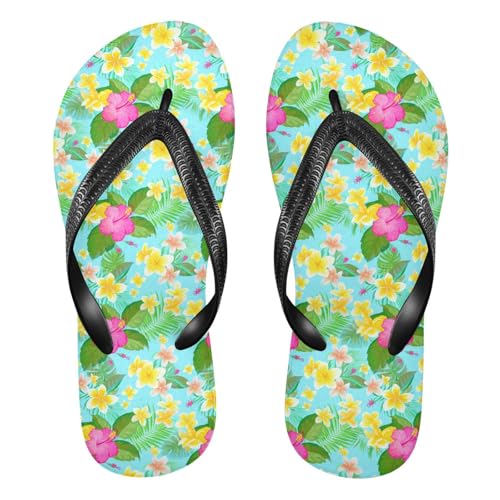 Sinestour Yellow Floral Palm Leaves Flip Flops for Beach Thong Sandals Anti-slip Lightweight Flat Slippers for Indoor Outdoor House