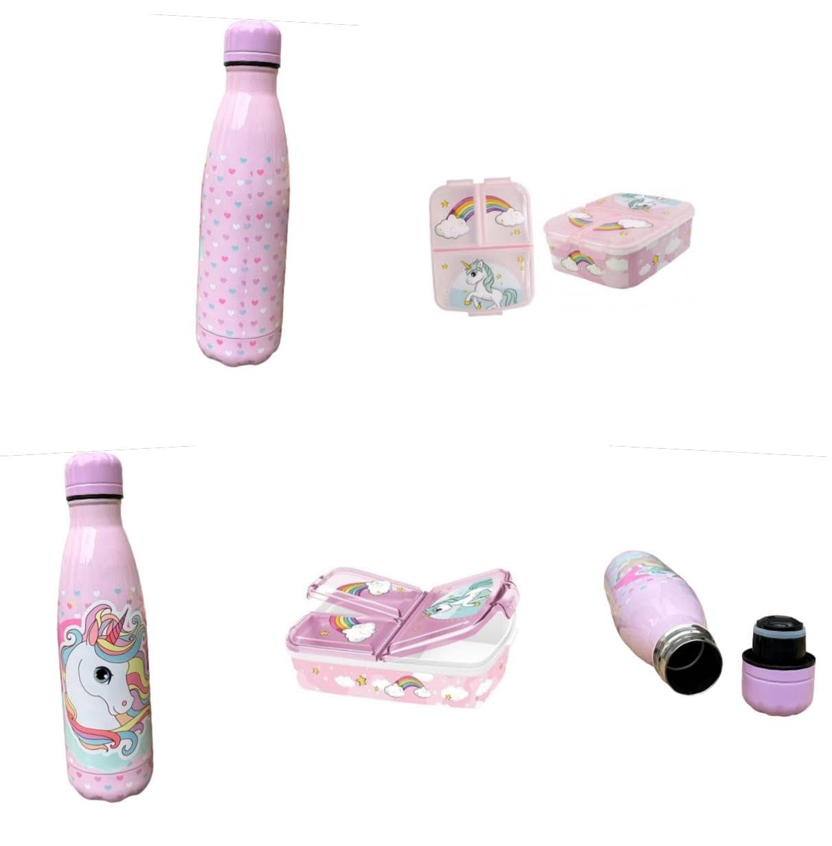 PELLECCHIA 1969 | Set Pranzo Scuola 2 Pezzi | Porta Merenda Scuola con 3 scomparti in Plastica BPA Free e Bottiglia termica in acciaio inossidabile con tappo svitabile 500ml (UNICORNO LILLA)