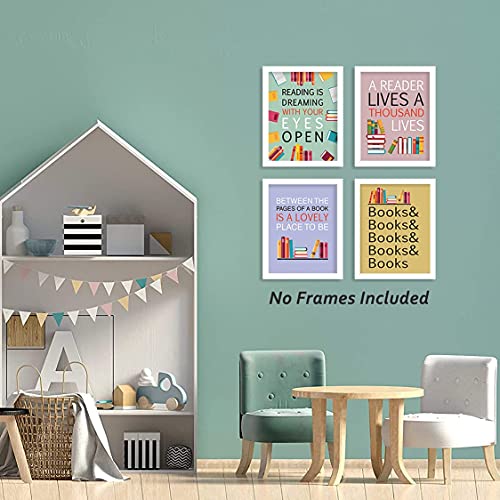 Image of CHDITB Unframed Colorful Art Print Motivational Quote Read More Books Wall Art Painting,Set of 9 (8 inchx10 inch) Canvas Watercolor Cartoon Inspirational Saying Poster for Classroom Kids Room Nursery Decor