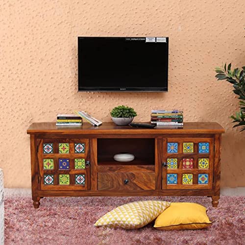 Image of Sheesham Wood TV Stand and Shelf Storage Entertainment Unit Center Console TV Table Wooden Tv Cabinet for Living Room Home (Tiles Design Walnut)