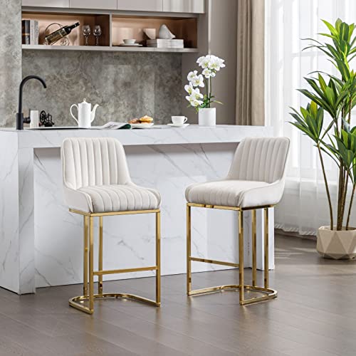 Rocity Beige & Gold Barstools Set Of 2 Velvet Counter Height Bar Stools 26 Inch Upholstered Kitchen Island Chairs Modern Bar Chairs With Back #TOP6