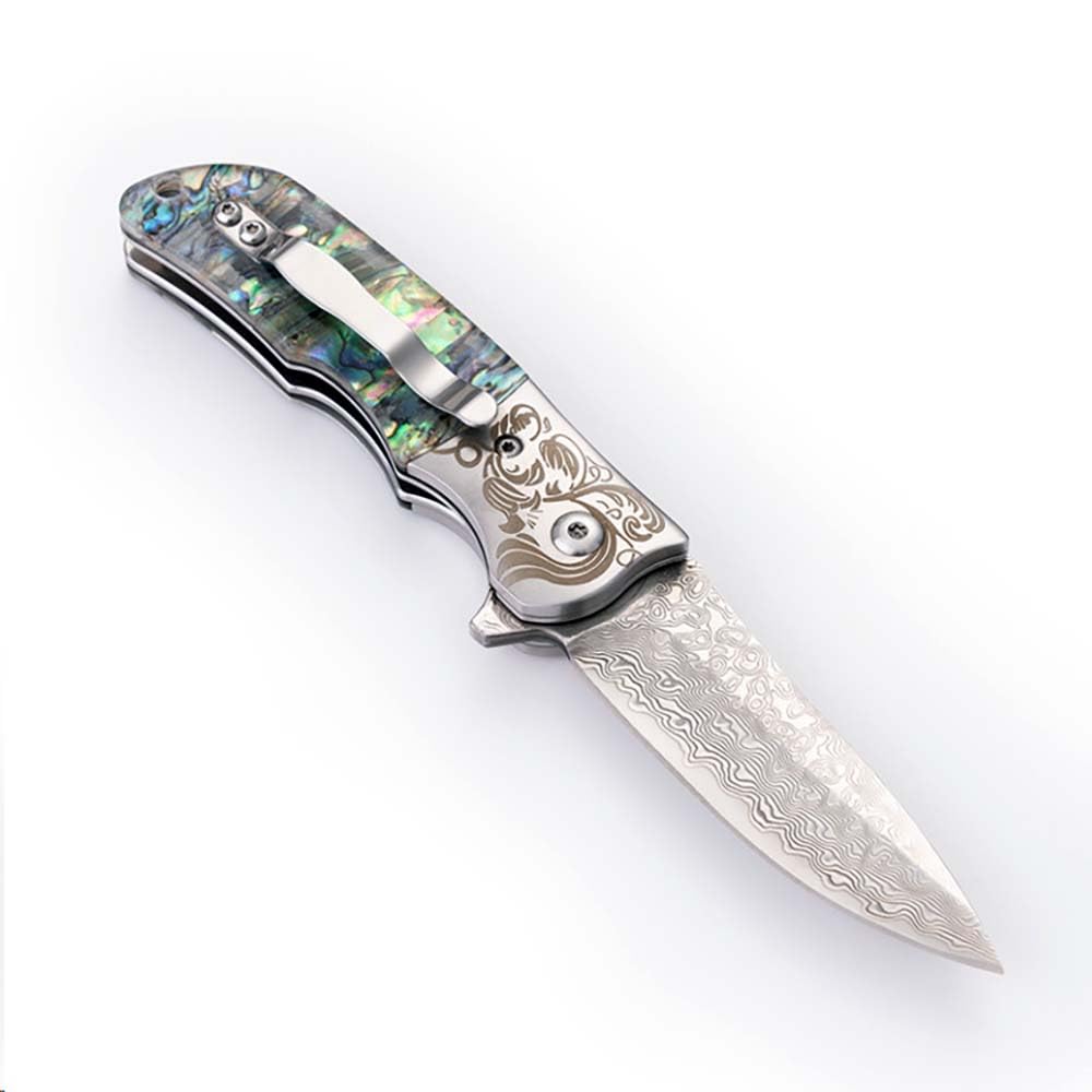 Klappmesser 6.6" klein EDC Taschenmesser Damast Aus Damaszener Damaststahl & Muschel Bunt Outdoor Messer Survival Jagdmesser Tanto Scharfes Einhandmesser, Damastmesser, rainbow Messer Mit clip Holster